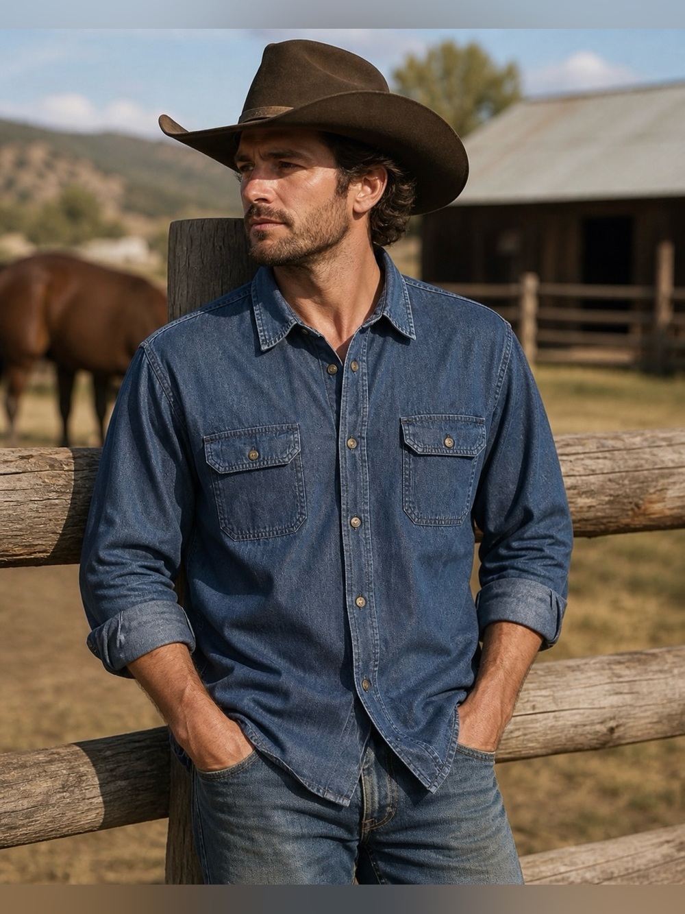 Wrangler Indigo Blue 100% Cotton Denim Button-Up Work Shirt